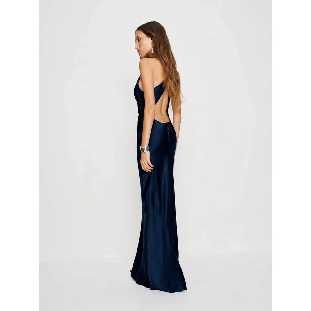 Reformation Anais Silk Maxi Dress Navy Blue Open Back High Neck Formal Gown NEW - Picture 3 of 7